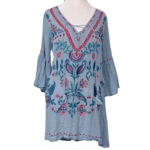 Sunny Oceans Embroidered Blue Tunic Top Cover Up Coverup Beach Medium Boho